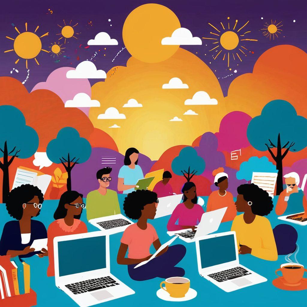 A vibrant digital landscape showcasing diverse bloggers collaborating in a lively community setting. Include elements like colorful laptops, content creation tools, and dynamic speech bubbles representing ideas. The atmosphere should feel welcoming and energetic, with people of various backgrounds engaged in discussion. Incorporate whimsical decorations such as books, coffee cups, and a cheerful sun shining overhead. bright colors. vector art.