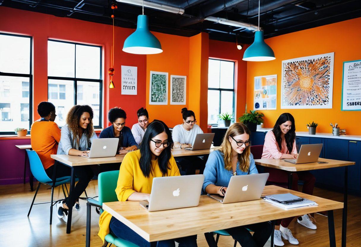A dynamic scene depicting diverse bloggers from various cultures collaborating together over laptops in a modern co-working space with vibrant decor. Various connecting lines and icons showcase their digital network and friendships forming through teamwork. Bright, energetic colors emphasize the spirit of collaboration and creativity. super-realistic. vibrant colors. modern style.