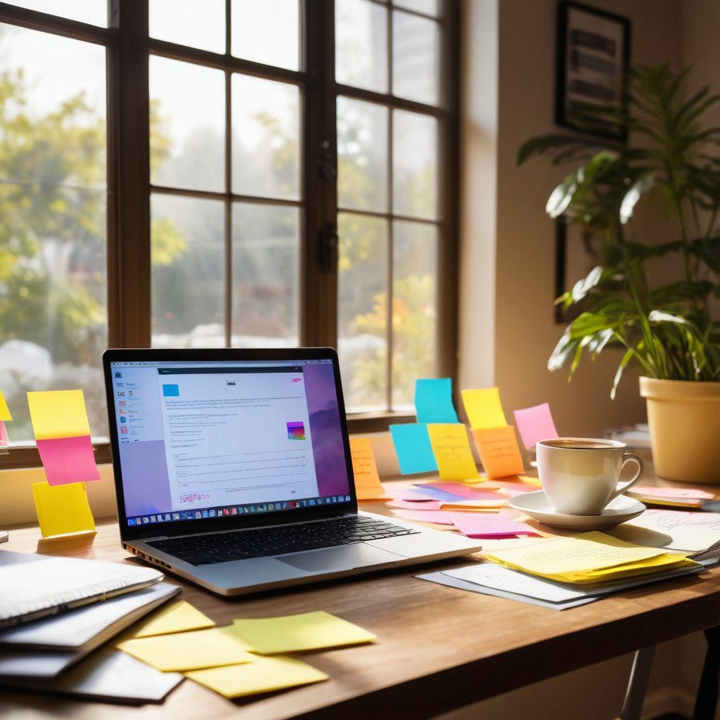 A creative workspace featuring a glowing laptop with a blank document open, surrounded by colorful post-it notes with key writing tips, a steaming cup of coffee, and a notebook filled with ideas. A bright window in the background lets in natural light, illuminating the room with a warm and inviting atmosphere. super-realistic. vibrant colors.